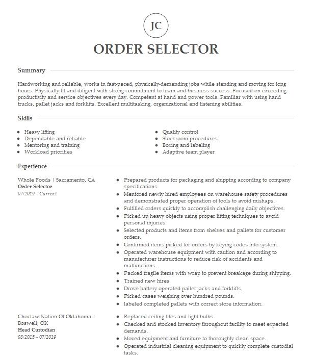 Order Selector Resume Example