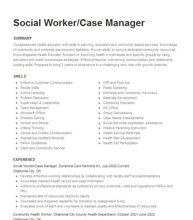 Activity Director Social Worker Case Manager Resume Example 5683