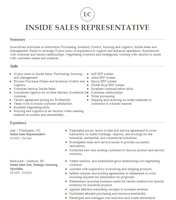 Inside Sales Objectives | Resume Objective | LiveCareer