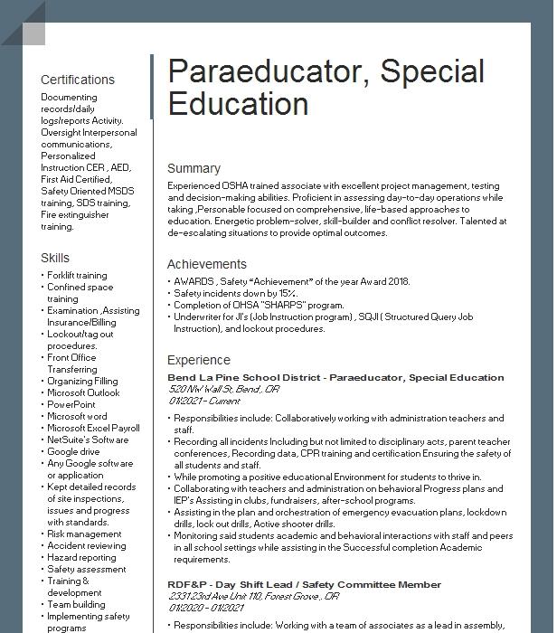 Paraeducator, Special Education Resume Example