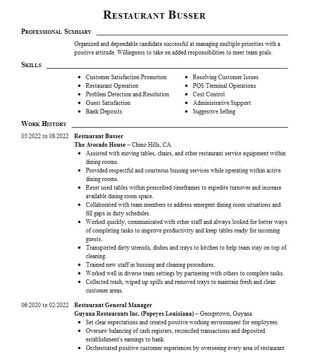 Restaurant Busser Resume Example