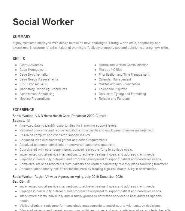 Social Worker Resume Example