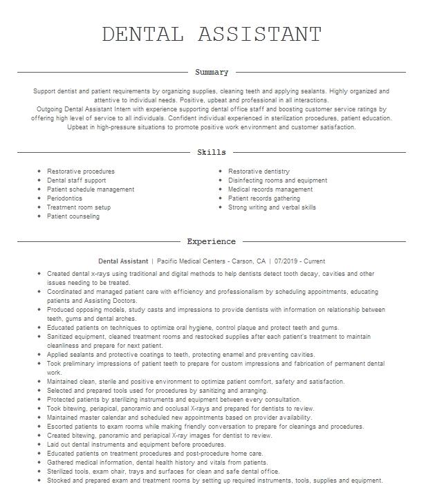 Dental Assistant Resume Example