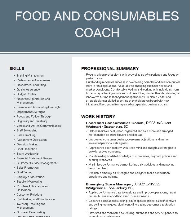 food-consumables-coach-resume-example