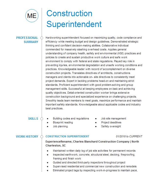 Construction Superintendent Resume Example