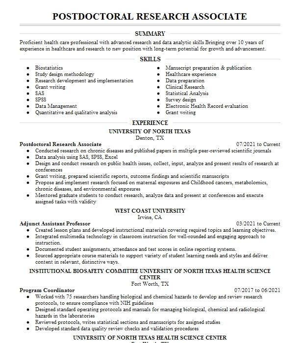 Postdoctoral Research Associate Resume Example