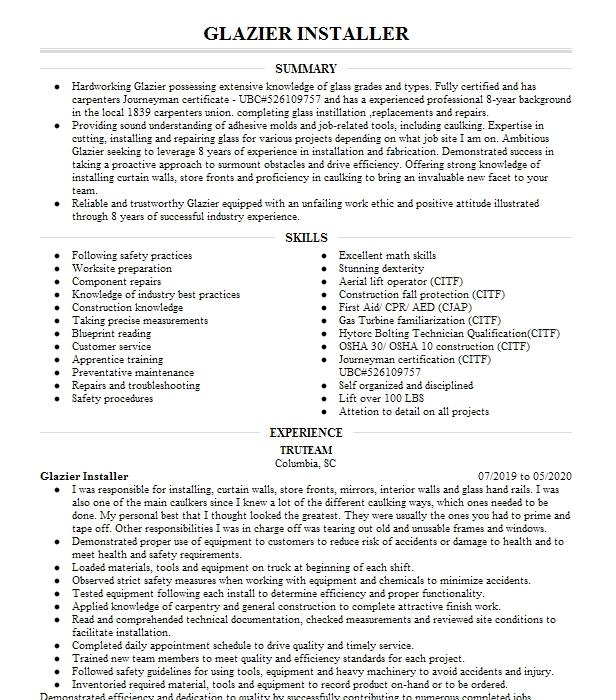 Glazier Installer Resume Example