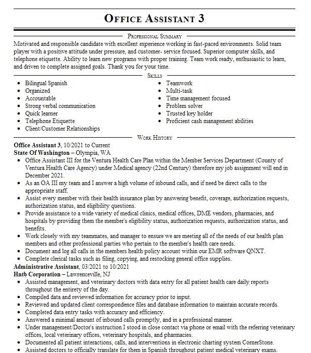 Office Assistant 3 Resume Example