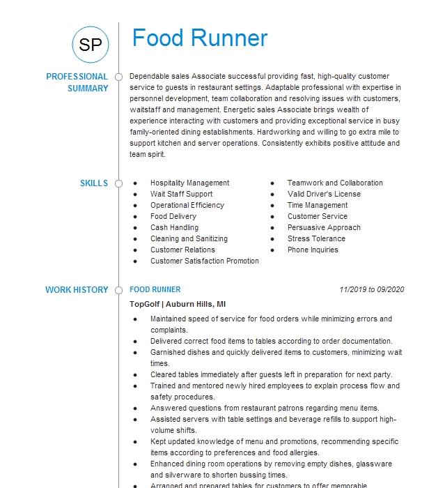 Food Runner Resume Example