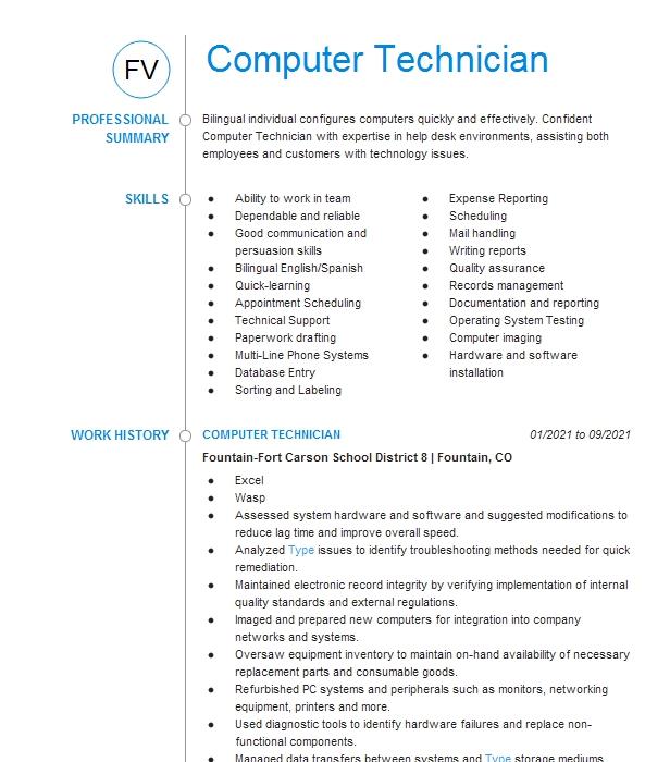 Computer Technician Resume Example