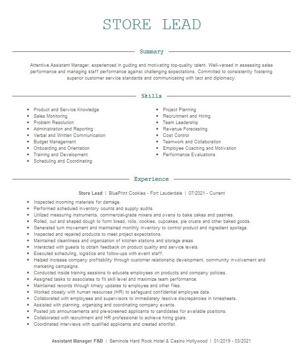 Store Lead Resume Example