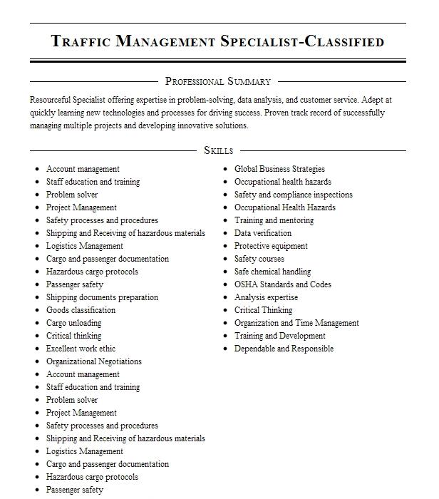 Traffic Management Specialist Classified Resume Example