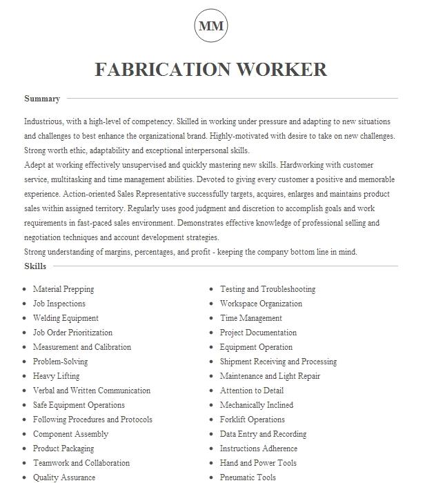 Fabrication Worker Resume Example