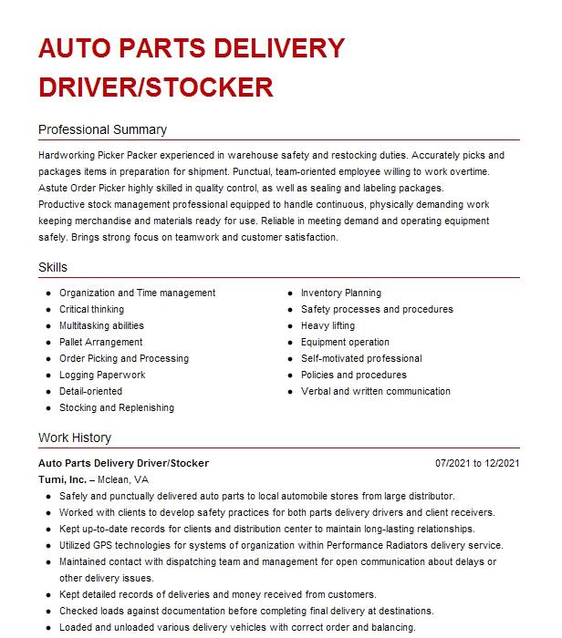 Auto Parts Delivery Driver Job Description For Resume