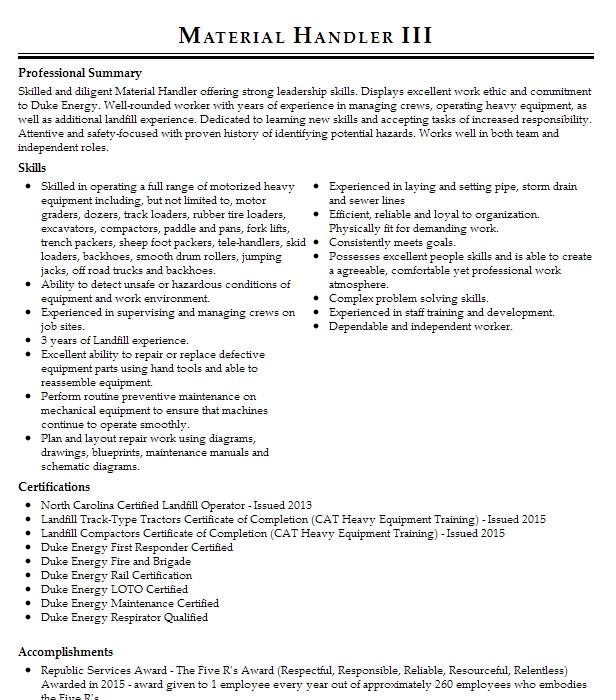 Warehouse Material Handler And Job Coach Resume Example