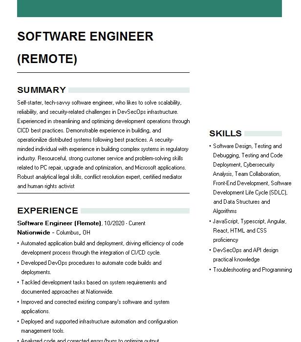 Senior Software Engineer Remote Resume Example