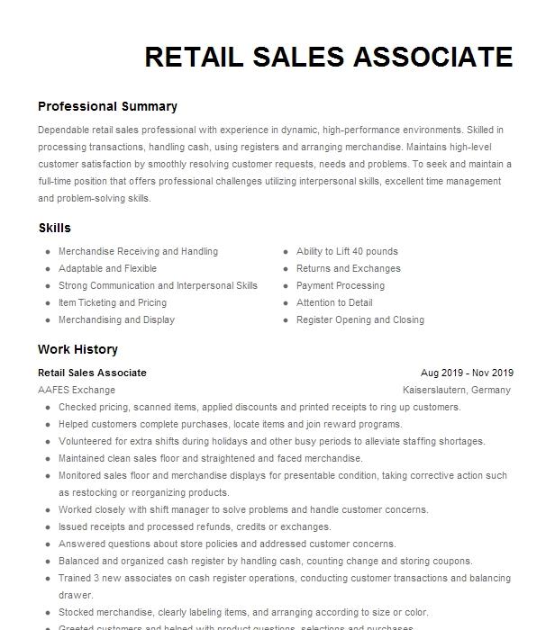 Retail Sales Associate Resume Example