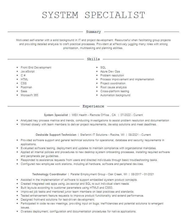 Deskside Support Technician Resume Example