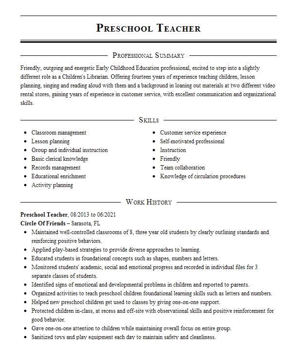 Preschool Teacher Resume Example