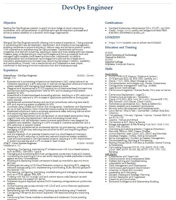 Devops Engineer Resume Example