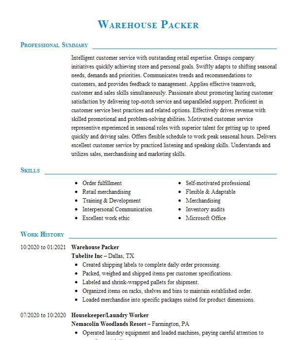 Warehouse Packer Resume Example