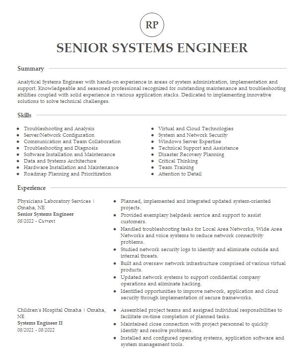 Senior Systems Engineer Resume Example