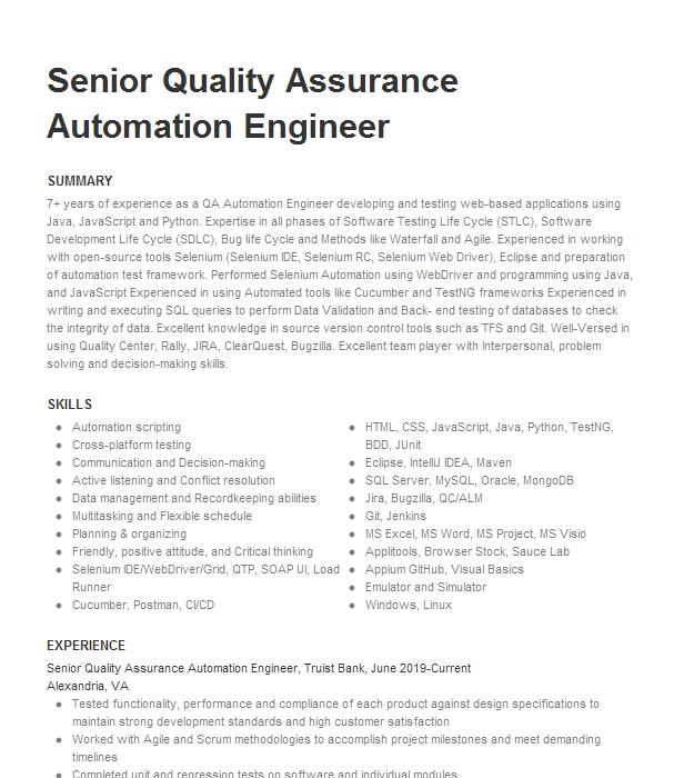 Quality Assurance Automation Engineer Resume Example