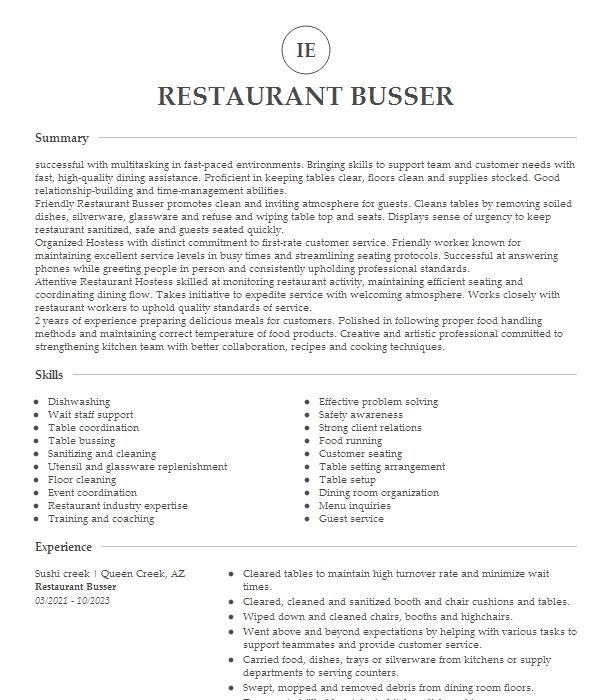 Restaurant Busser Resume Example