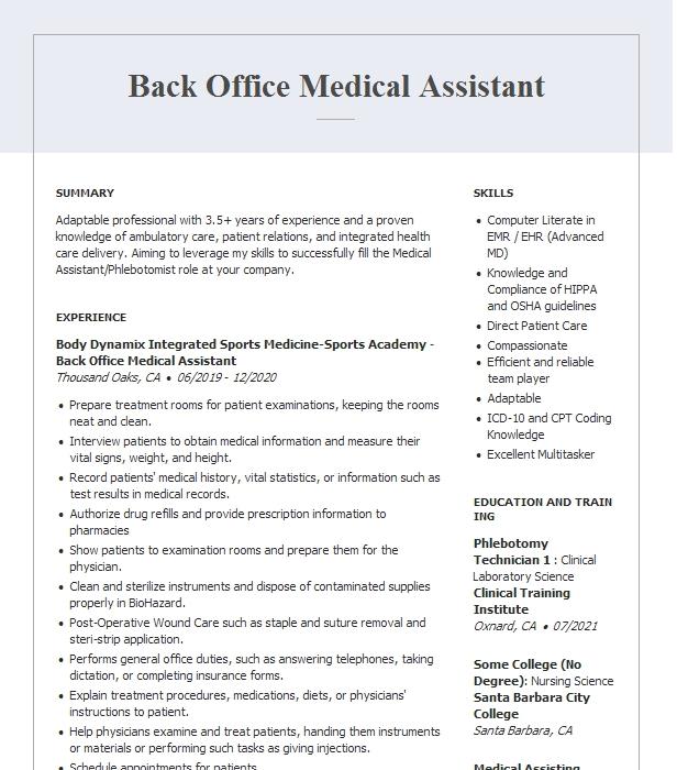 Back Office Medical Assistant Resume Example