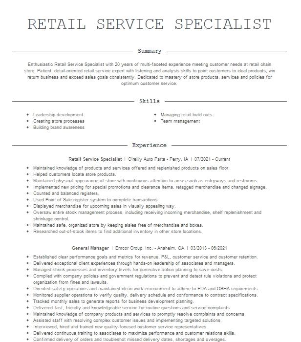 Retail Service Specialist Resume Example