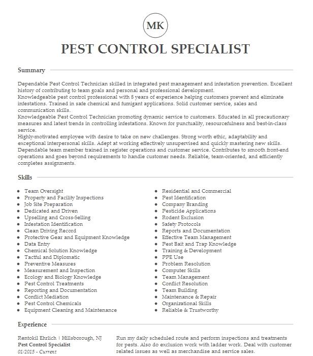 Pest Control Specialist Resume Example