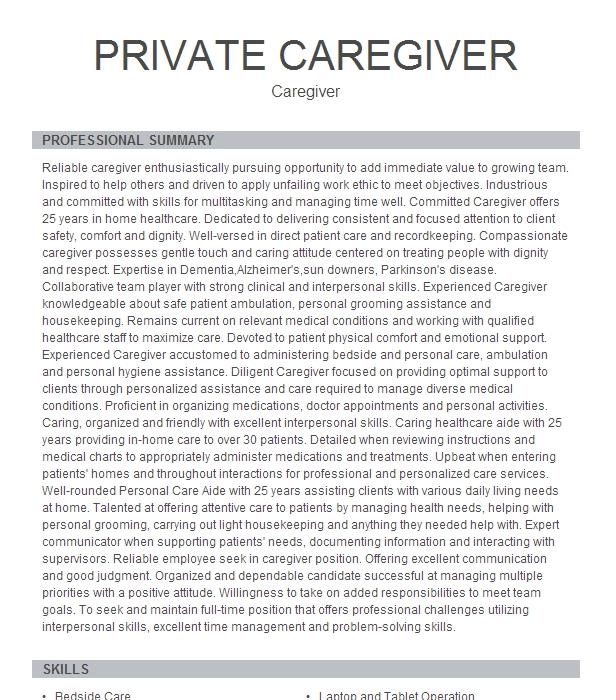 Private Caregiver Resume Example