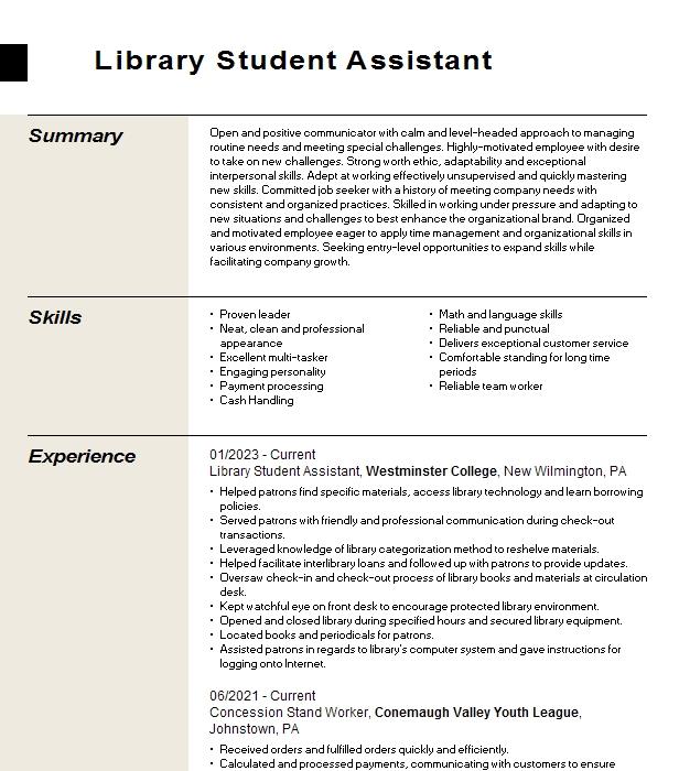 library-student-assistant-resume-example