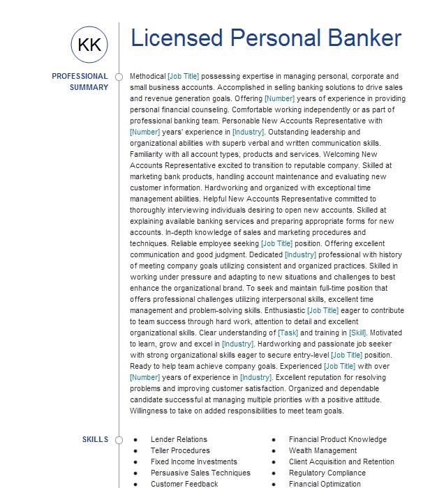 Licensed Personal Banker Resume Example 1764