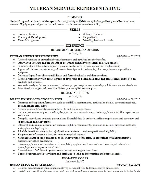 resume example for veteran service representative