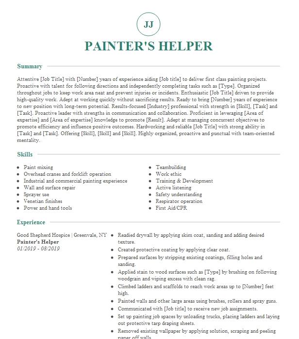 Auto Body Painter's Helper Resume Example