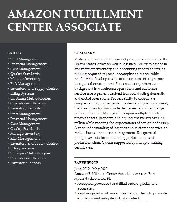 Amazon Fulfillment Center Associate Sort Resume Sample, 44% OFF