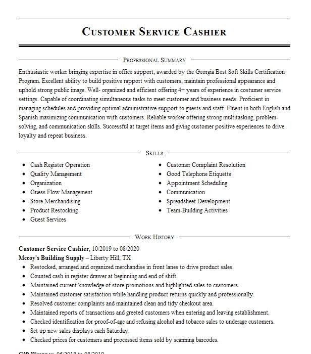 Customer Service Cashier Resume Example