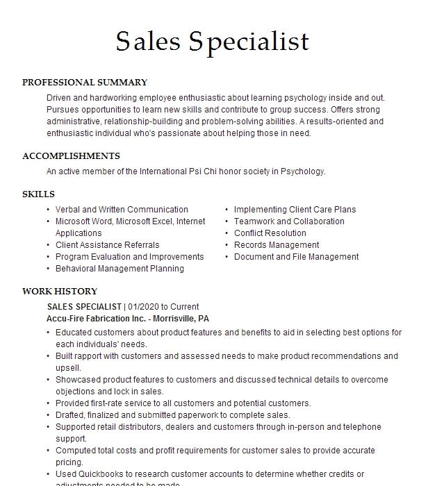 Sales Specialist Resume Example