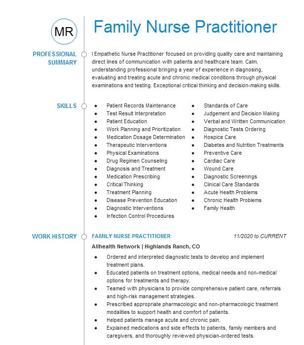 Family Nurse Practitioner Resume Example