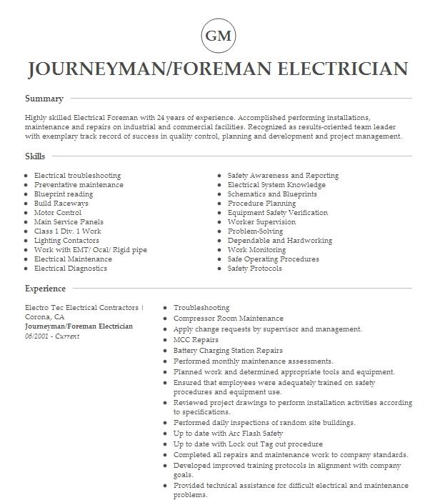 Foreman Quality Control Journeyman Electrician Resume Example