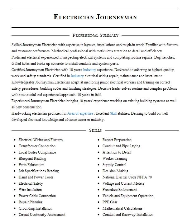 Electrician Journeyman Resume Example