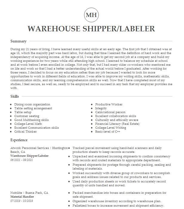 Pharmacy Packer Shipper Labeler Vlc Runner Resume Example