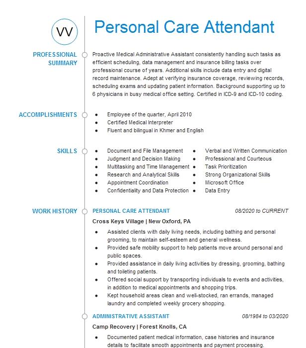 Personal Care Attendant Resume Example 7817