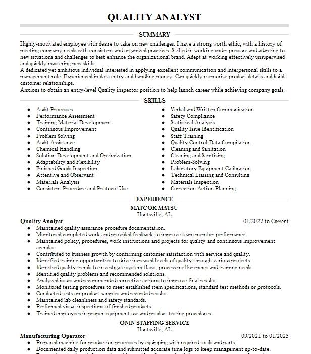 Quality Analyst Resume Example