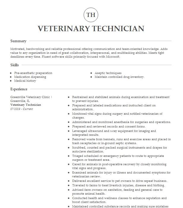 Veterinary Technician Resume Example