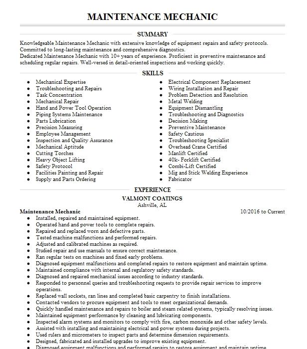 Maintenance Mechanic Resume Example