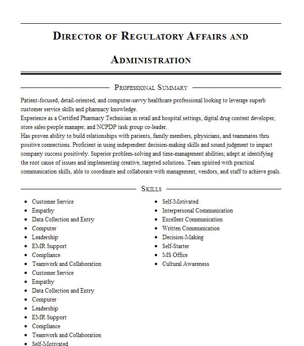 Associate Director, Regulatory Affairs Resume Example