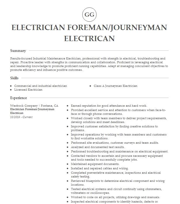 Commercial Service Electrican Resume Example