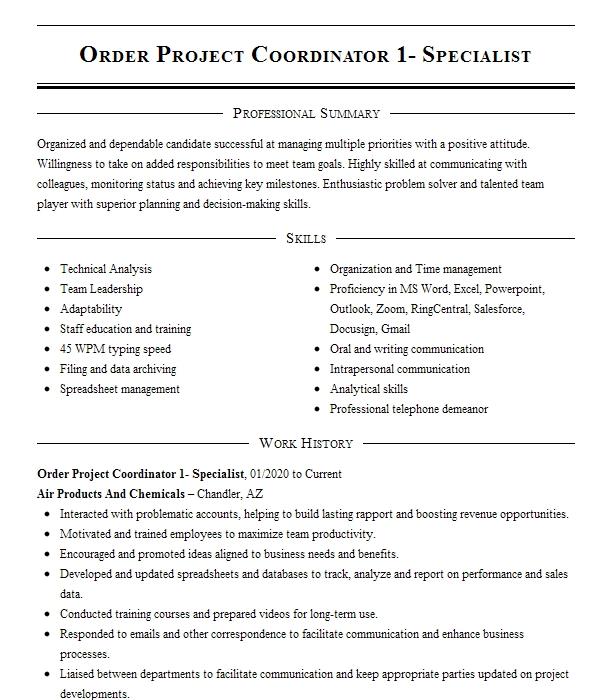 Order Coordinator Resume Example